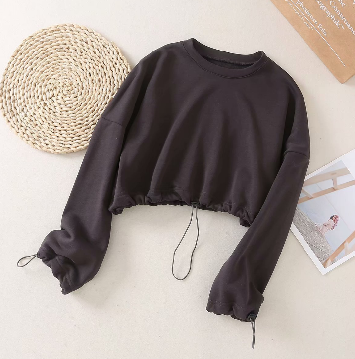 women fashion street  autumn winter full sleeve drawstring short top hoodies