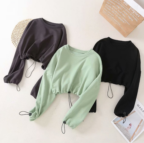 women fashion street  autumn winter full sleeve drawstring short top hoodies