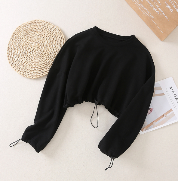 women fashion street  autumn winter full sleeve drawstring short top hoodies