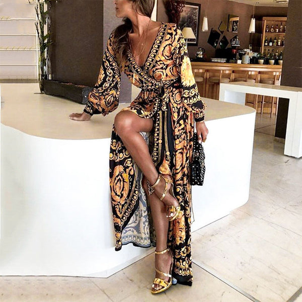 Masia Vintage gold print maxi dress