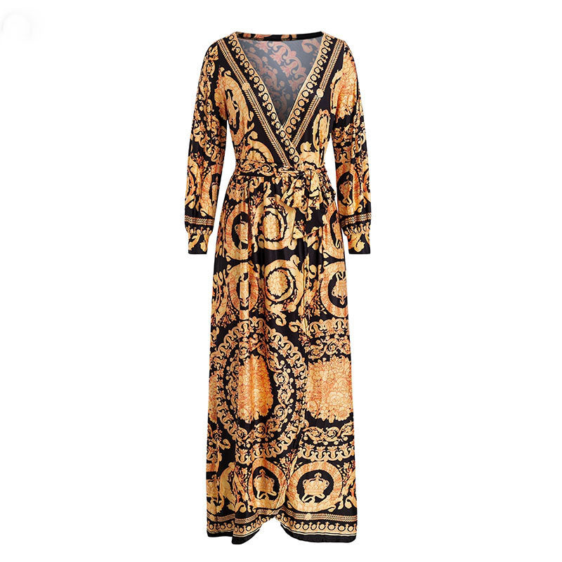 Masia Vintage gold print maxi dress